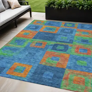 5' X 8' Denim Blue Green And Copper Geometric Washable Indoor Outdoor Area Rug