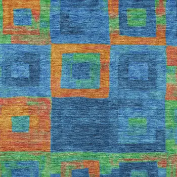 5' X 8' Denim Blue Green And Copper Geometric Washable Indoor Outdoor Area Rug