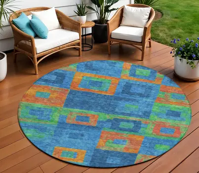 8' Denim Blue Green And Copper Round Geometric Washable Indoor Outdoor Area Rug