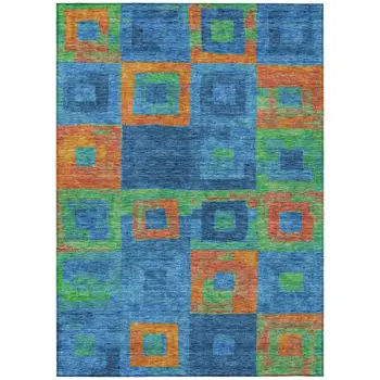 8' X 10' Denim Blue Green And Copper Geometric Washable Indoor Outdoor Area Rug