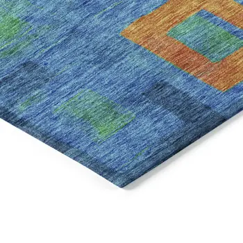 8' X 10' Denim Blue Green And Copper Geometric Washable Indoor Outdoor Area Rug