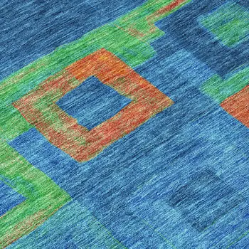 8' X 10' Denim Blue Green And Copper Geometric Washable Indoor Outdoor Area Rug
