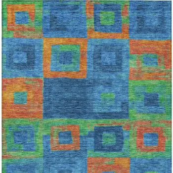 10' X 14' Denim Blue Green And Copper Geometric Washable Indoor Outdoor Area Rug