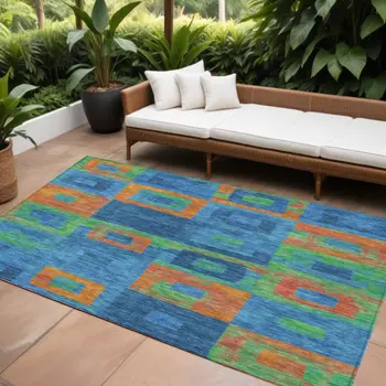 10' X 14' Denim Blue Green And Copper Geometric Washable Indoor Outdoor Area Rug