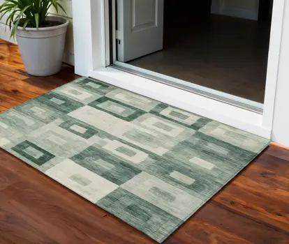 3' X 5' Green And Ivory Geometric Washable Indoor Outdoor Area Rug