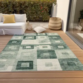 3' X 5' Green And Ivory Geometric Washable Indoor Outdoor Area Rug