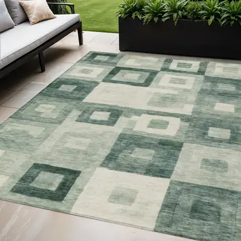 5' X 8' Green And Ivory Geometric Washable Indoor Outdoor Area Rug