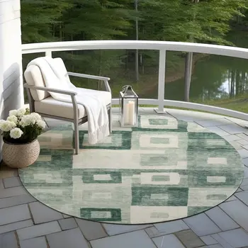 8' Green And Ivory Round Geometric Washable Indoor Outdoor Area Rug