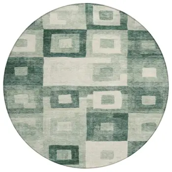 8' Green And Ivory Round Geometric Washable Indoor Outdoor Area Rug