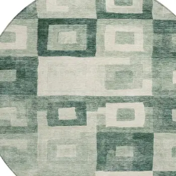8' Green And Ivory Round Geometric Washable Indoor Outdoor Area Rug