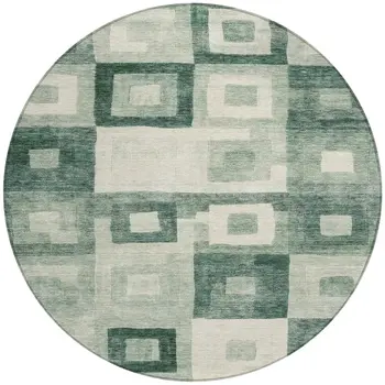 8' Green And Ivory Round Geometric Washable Indoor Outdoor Area Rug