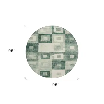 8' Green And Ivory Round Geometric Washable Indoor Outdoor Area Rug