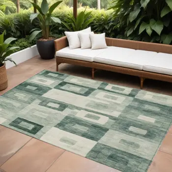9' X 12' Green And Ivory Geometric Washable Indoor Outdoor Area Rug