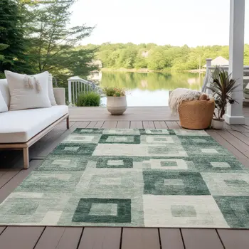9' X 12' Green And Ivory Geometric Washable Indoor Outdoor Area Rug