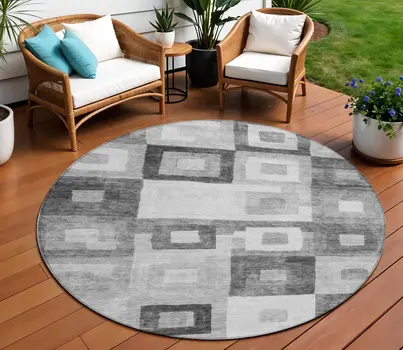 8' Gray And Charcoal Round Geometric Washable Indoor Outdoor Area Rug