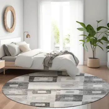 8' Gray And Charcoal Round Geometric Washable Indoor Outdoor Area Rug