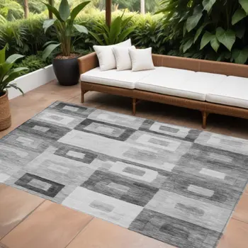 10' X 14' Gray And Charcoal Geometric Washable Indoor Outdoor Area Rug