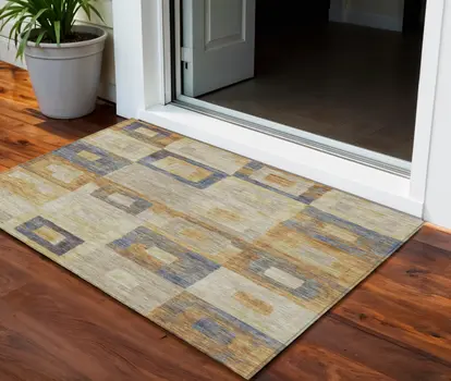 3' X 5' Linen Blue And Copper Geometric Washable Indoor Outdoor Area Rug