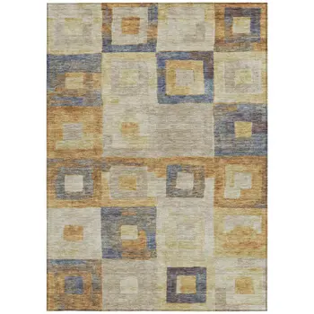 3' X 5' Linen Blue And Copper Geometric Washable Indoor Outdoor Area Rug