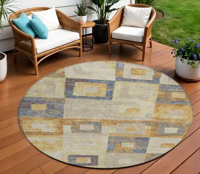 8' Linen Blue And Copper Round Geometric Washable Indoor Outdoor Area Rug