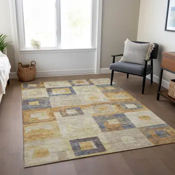 8' X 10' Linen Blue And Copper Geometric Washable Indoor Outdoor Area Rug