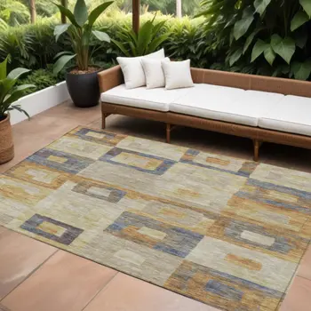 10' X 14' Linen Blue And Copper Geometric Washable Indoor Outdoor Area Rug