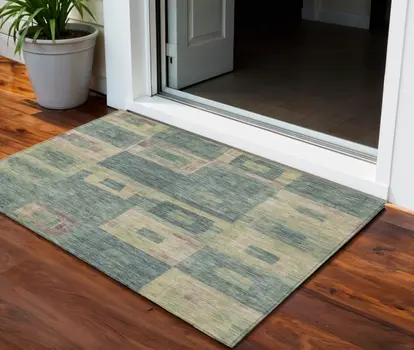 3' X 5' Sage And Gray Geometric Washable Indoor Outdoor Area Rug