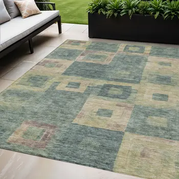 5' X 8' Sage And Gray Geometric Washable Indoor Outdoor Area Rug