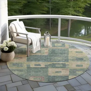 8' Sage And Gray Round Geometric Washable Indoor Outdoor Area Rug