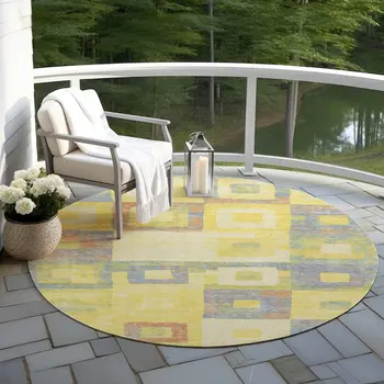 8' Yellow Blue And Terra Cotta Round Geometric Washable Indoor Outdoor Area Rug