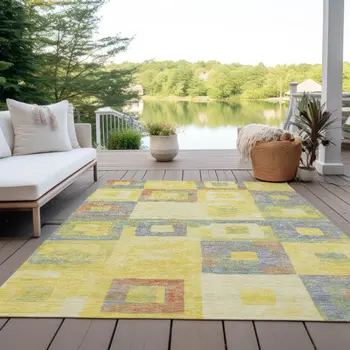 9' X 12' Yellow Blue And Terra Cotta Geometric Washable Indoor Outdoor Area Rug