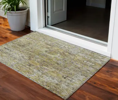 3' X 5' Artichoke Green Beige And Black Floral Washable Indoor Outdoor Area Rug