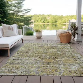 8' X 10' Artichoke Green Beige And Black Floral Washable Indoor Outdoor Area Rug