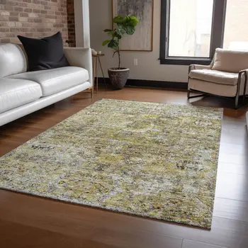 8' X 10' Artichoke Green Beige And Black Floral Washable Indoor Outdoor Area Rug