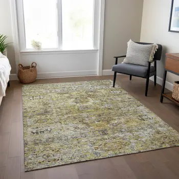 8' X 10' Artichoke Green Beige And Black Floral Washable Indoor Outdoor Area Rug