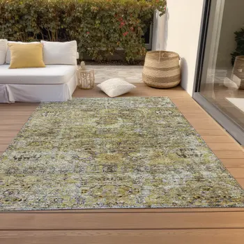 9' X 12' Artichoke Green Beige And Black Floral Washable Indoor Outdoor Area Rug