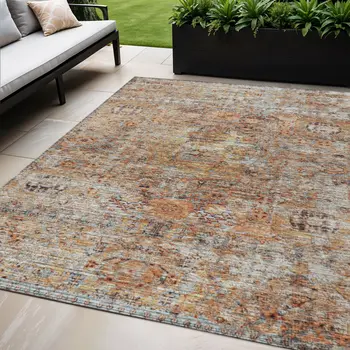 5' X 8' Coral Terra Cotta And Beige Floral Washable Indoor Outdoor Area Rug