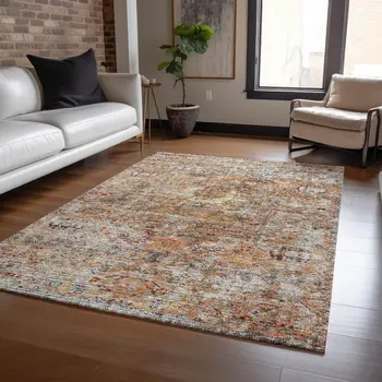 5' X 8' Coral Terra Cotta And Beige Floral Washable Indoor Outdoor Area Rug