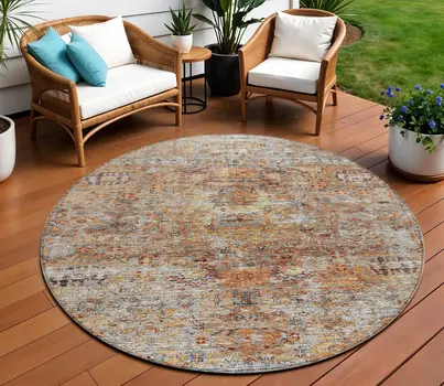 8' Coral Terra Cotta And Beige Round Floral Washable Indoor Outdoor Area Rug