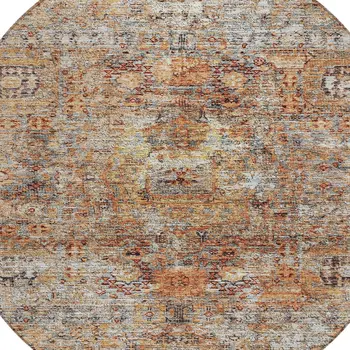 8' Coral Terra Cotta And Beige Round Floral Washable Indoor Outdoor Area Rug
