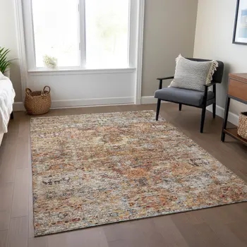 10' X 14' Coral Terra Cotta And Beige Floral Washable Indoor Outdoor Area Rug
