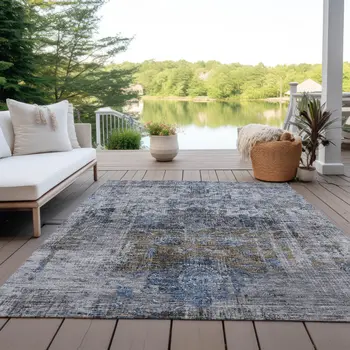 3' X 5' Blue And Gray Floral Washable Indoor Outdoor Area Rug
