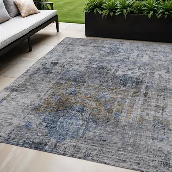 5' X 8' Blue And Gray Floral Washable Indoor Outdoor Area Rug