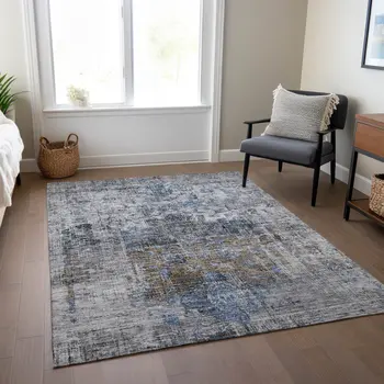 5' X 8' Blue And Gray Floral Washable Indoor Outdoor Area Rug