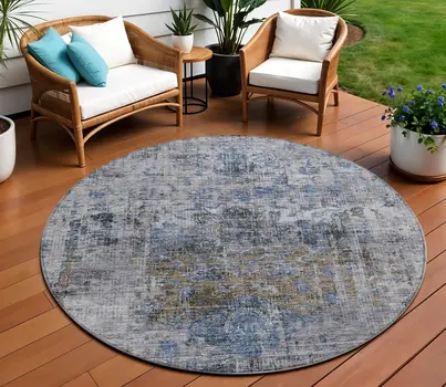 8' Blue And Gray Round Floral Washable Indoor Outdoor Area Rug