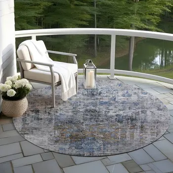 8' Blue And Gray Round Floral Washable Indoor Outdoor Area Rug