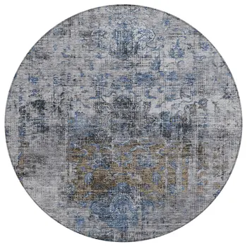 8' Blue And Gray Round Floral Washable Indoor Outdoor Area Rug