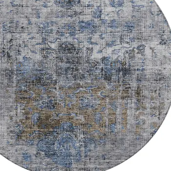8' Blue And Gray Round Floral Washable Indoor Outdoor Area Rug