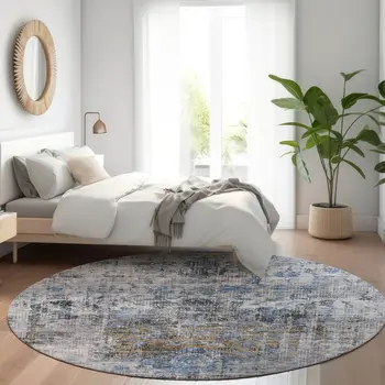 8' Blue And Gray Round Floral Washable Indoor Outdoor Area Rug