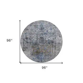 8' Blue And Gray Round Floral Washable Indoor Outdoor Area Rug